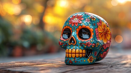 Fototapeta premium A vibrant sugar skull adorned with floral patterns, perfect for Day of the Dead (Dia De Los Muertos) celebrations, altars, and decorative purposes.