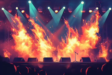 A vibrant concert scene with dramatic flames and stage lights creating an energetic atmosphere.