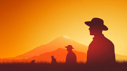 Fototapeta premium Silhouettes of men in hats stand against a sunset with a mountain in the background.