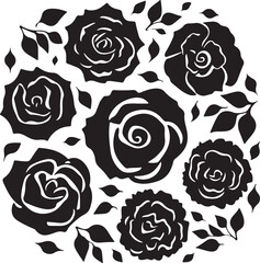 Set of vector black silhouettes of rose flowers isolated on a white background