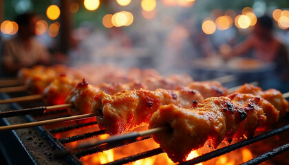 Delicious Grilled Chicken Skewers Over Open Flame &ndash; High-Quality BBQ Food Photography for image