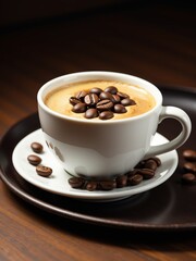 Fototapeta premium cup of coffee with rich foam, perfect for cafe promotions, menus, and morning routine concepts.