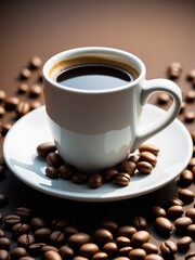 Fototapeta premium cup of coffee with rich foam, perfect for cafe promotions, menus, and morning routine concepts.