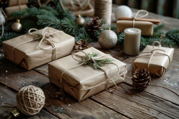 Rustic Christmas gifts with twine and wooden ornaments for elegant and eco-friendly holiday wrapping