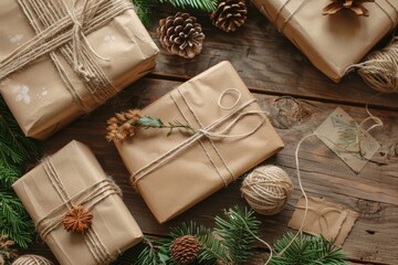 Rustic Christmas gifts with twine and wooden ornaments for elegant and eco-friendly holiday wrapping