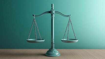Balance scale on a wooden table against a teal background.