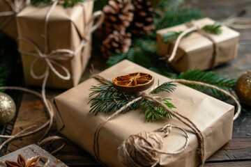 Rustic Christmas gifts with twine and wooden ornaments for elegant and eco-friendly holiday wrapping
