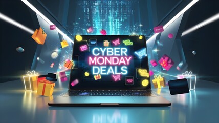 A dynamic image of a sleek laptop or tablet with a glowing screen displaying "Cyber Monday Deals in bold vibrant text. 