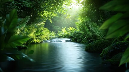 Obraz premium Serene river flowing through a lush green jungle