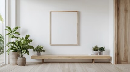 Minimalist living room with empty frame and indoor plants