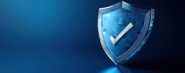 Obraz premium Blue shield with check mark, symbolizing security and protection.