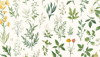 Fototapeta premium Hand-drawn vintage illustrations of different plant species, paired with soft, muted colors for a calming and artistic vibe