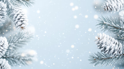 Snow covered pine cones and frosted evergreen branches create serene winter scene, evoking sense of calm and holiday spirit. soft blue background enhances tranquil atmosphere