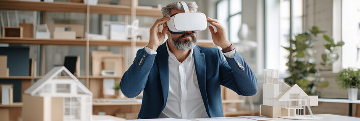 A man wearing virtual reality headset in modern office, exploring architectural designs with miniature models around him. His focused expression reflects excitement of innovation
