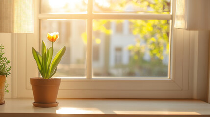 Fototapeta premium A vibrant tulip in terracotta pot sits on sunlit windowsill, surrounded by greenery. warm sunlight creates serene atmosphere, enhancing beauty of flower and peaceful setting