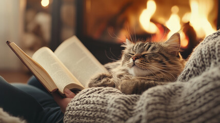 Cozy cat resting on persons lap while they read book by warm fireplace, creating serene and comforting atmosphere