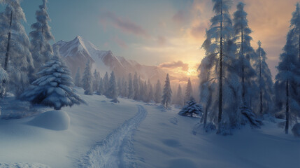 Fototapeta premium Majestic sunset in the winter mountains landscape. Dramatic sky.