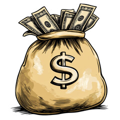 Money Bag: A simple, stylized illustration of a money bag filled with cash, adorned with a dollar sign. png, transparent background.