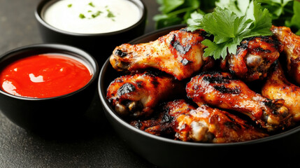 Fototapeta premium Grilled chicken wings with spicy sauce and aromatic herbs in black bowl