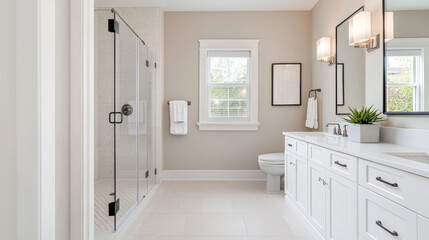 Modern bathroom design features spacious layout with glass shower, elegant fixtures, and neutral tones, creating serene and inviting atmosphere
