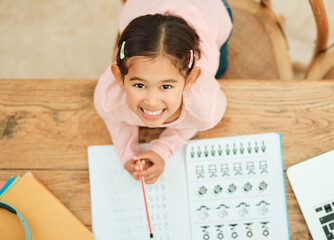 Portrait, child and homework with laptop for education, elearning and practice with math for kindergarten. Above, girl and cognitive development with studying for knowledge, online class and writing