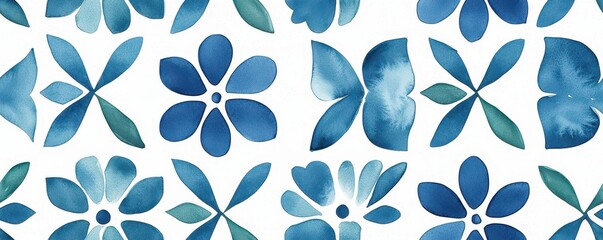 Fototapeta premium A pattern of blue floral shapes on a white background, showcasing artistic watercolor design elements.