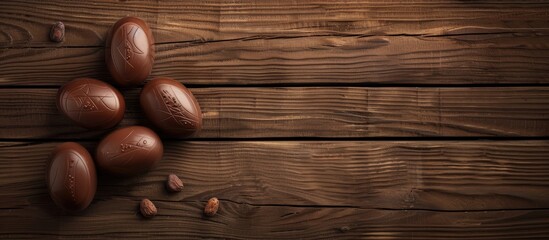 Easter Chocolate Eggs Top View On Wooden Background Mock Up