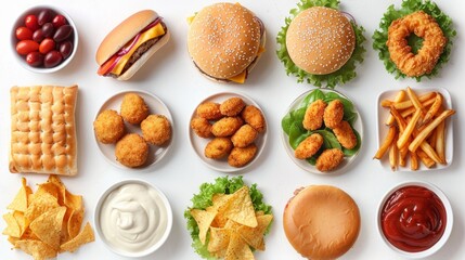 Photo of assorted delicious fast foods collection. Closeup photo set of foods, isolated on white background. hamburger, chicken wings, nachos, sandwich, fries, drumstick, nuggets, tortilla wrap.