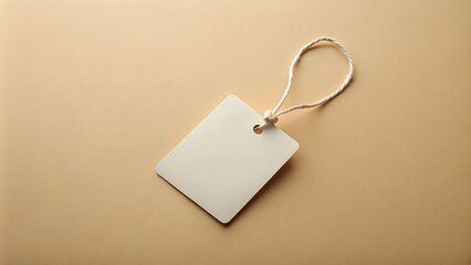 Square blank tag with a string, floating over a beige background