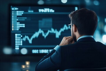Fototapeta premium Businessman analyzing data on digital screen in dark office