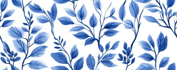 Fototapeta premium A delicate blue botanical pattern featuring leaves and branches on a white background, ideal for decorative themes or textiles.