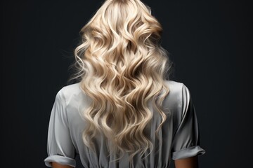 Naklejka premium Woman with curly blond hair from behind on gray background