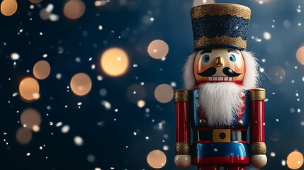 Christmas concept background. Christmas wooden nutcracker toy solider and snowflakes with space for text over festive background