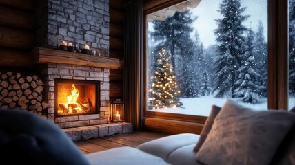 A cozy cabin scene featuring a glowing fireplace, plush seating, and a snowy landscape outside, complete with a decorated Christmas tree.