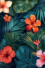 Fototapeta premium Hand-painted pattern of tropical plants and flowers