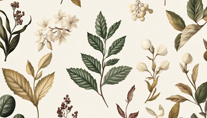 Fototapeta premium Hand-drawn vintage illustrations of different plant species, paired with soft, muted colors for a calming and artistic vibe