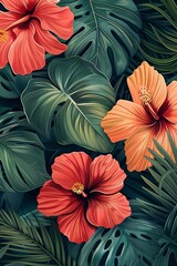 Hand-painted pattern of tropical plants and flowers