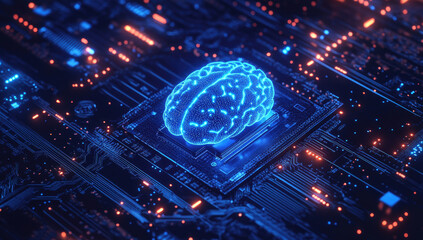 A blue circuit board with an AI brain glowing in the center, symbolizing artificial intelligence technology and futuristic design.