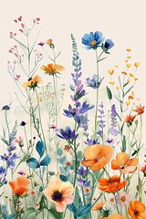Artistic watercolor pattern with wildflowers
