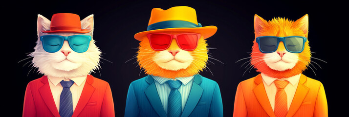 Three cats in suits and sunglasses