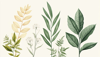 Fototapeta premium Hand-drawn vintage illustrations of different plant species, paired with soft, muted colors for a calming and artistic vibe