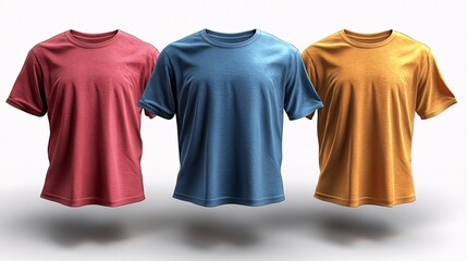 Vector graphic of floating t-shirts in vivid colors, showing different angles and design possibilities