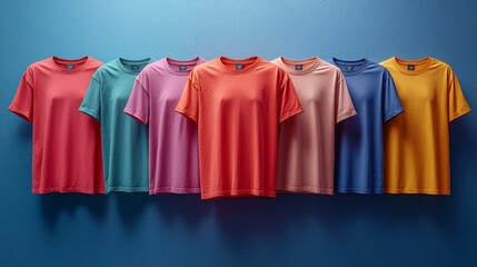 A minimalistic, vector-based display of t-shirts, each in a different pastel shade with subtle design details