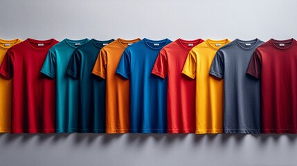 A spread of t-shirts with different sleeve lengths and colors, with space for text or logo placement