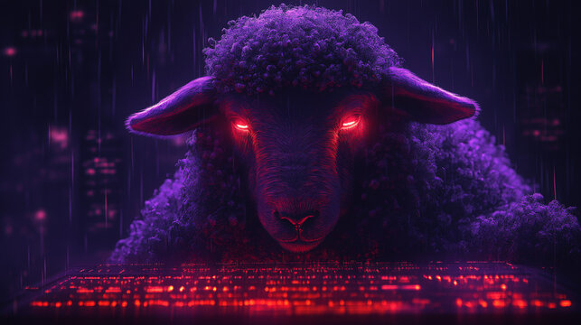 A black sheep with glowing red eyes sits in front of a keyboard.