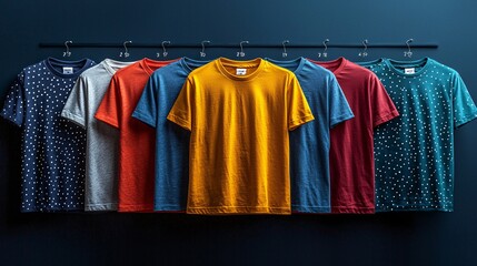 A group of male t-shirts displayed in a flat lay, with a variety of colors and patterns in vector format