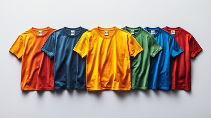 A lineup of t-shirts arranged like a color wheel, each showcasing a different hue and vector design