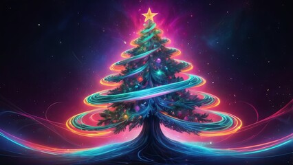 Abstract christmas tree shining with neon lights on cosmic background