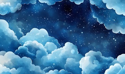 A pattern with watercolor clouds in shades of blue, stars and constellations Generative AI