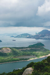 The beautiful view in a cloudy day over the island and lake from Lamma island hiking trail from Sok Kwu Wan and Ling Kok Shan